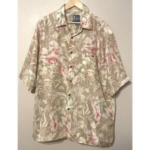 Silk Traders Men's Hawaiian Shirt Tan White Palm Trees 100% Silk Size XXL
